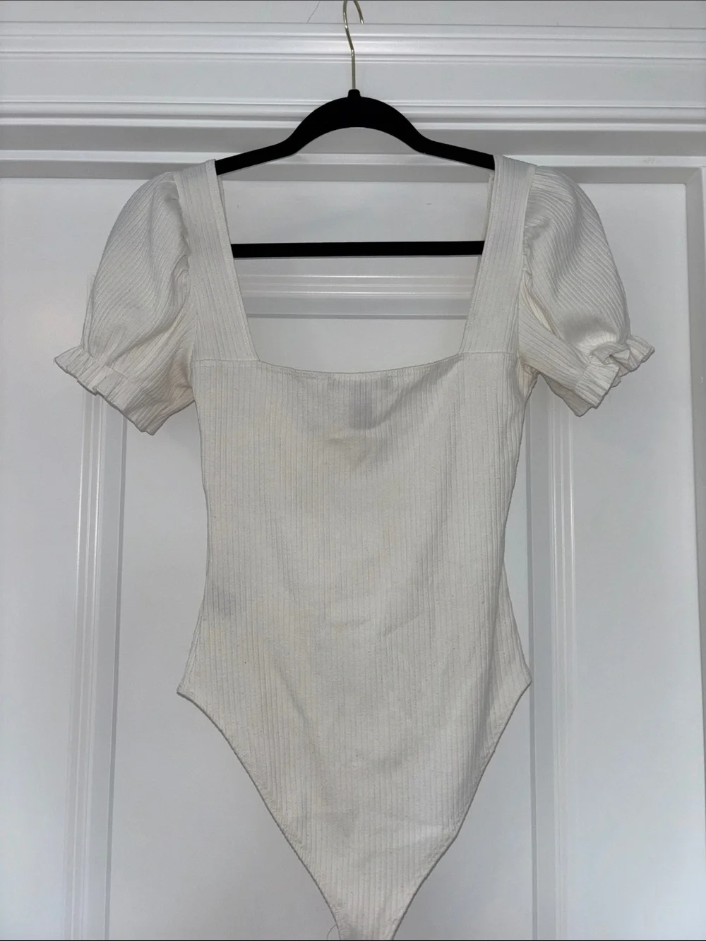 Forever 21 Off-White Ribbed Square Neck Bodysuit with Puff Sleeves - Picture 7 of 8